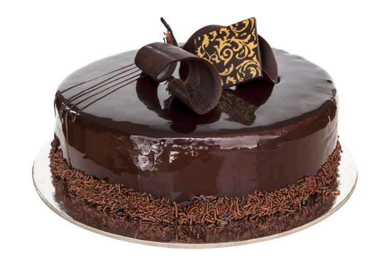 fancy chocolate cake, whole, isolated on white background.
